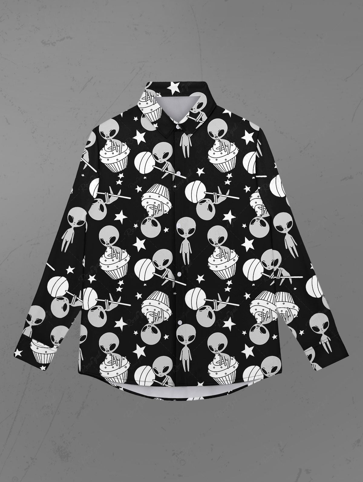 Gothic Plus Size Turn-down Collar Skull Alien Candy Ice Cream Stars Print Buttons Shirt For Men