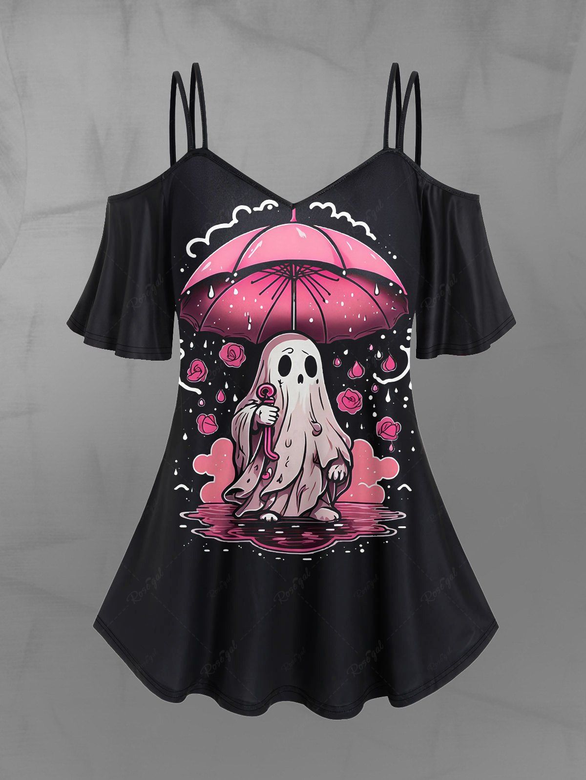 Gothic Plus Size Cold Shoulder Rainy Umbrella Ghost Rose Flower Print Valentines Cami T-shirt