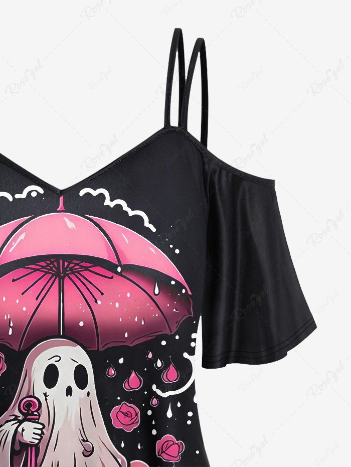 Gothic Plus Size Cold Shoulder Rainy Umbrella Ghost Rose Flower Print Valentines Cami T-shirt