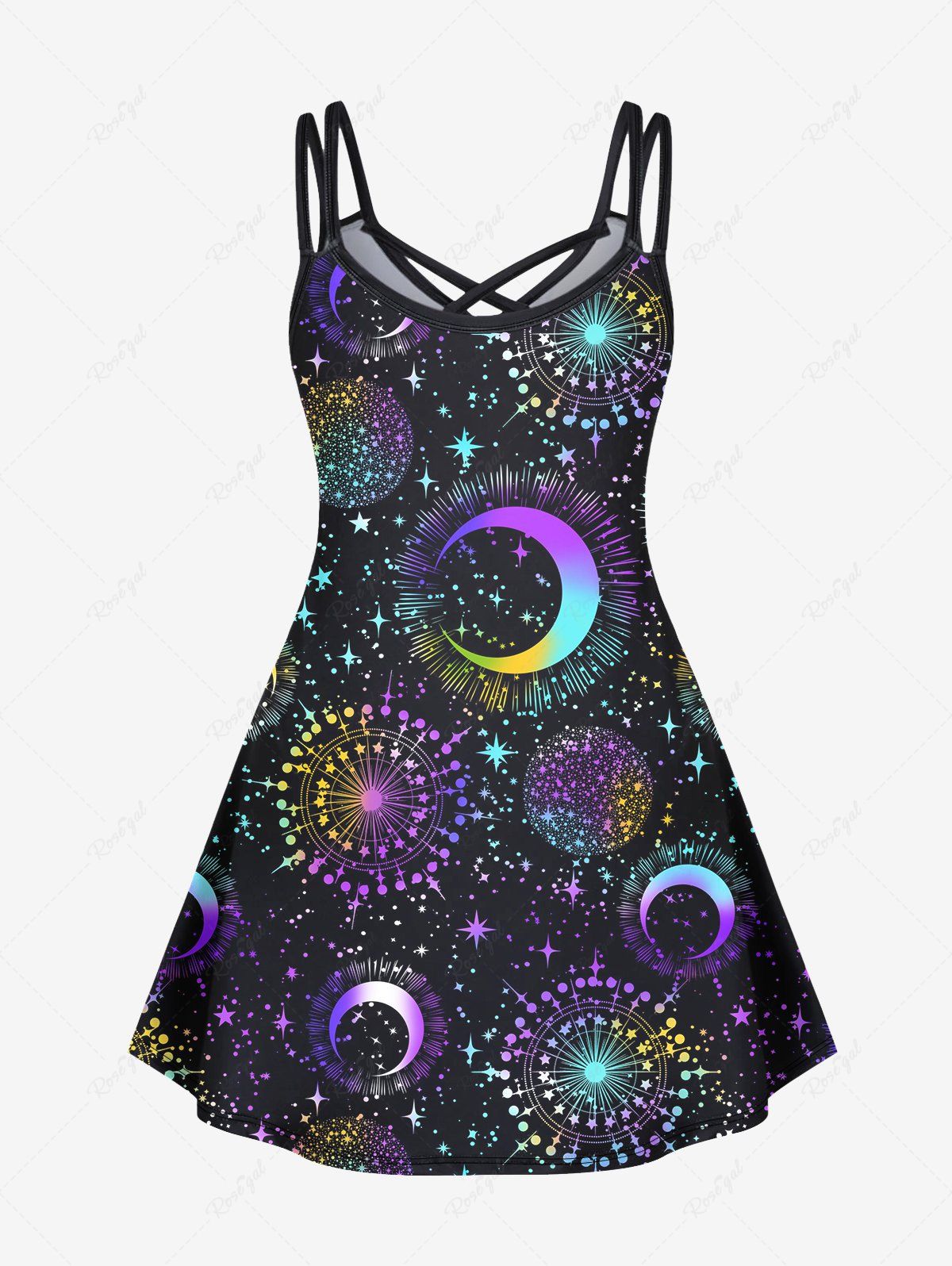 Gothic Colorful Glitter Ombre Moon Star Galaxy Print Crisscross A Line Cami Dress