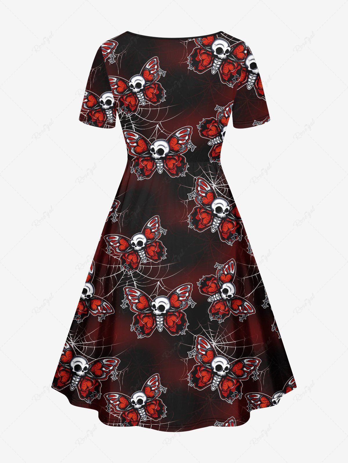 Gothic Plus Size Skulls Butterfly Spider Web Print Cinched Ombre A Line Dress