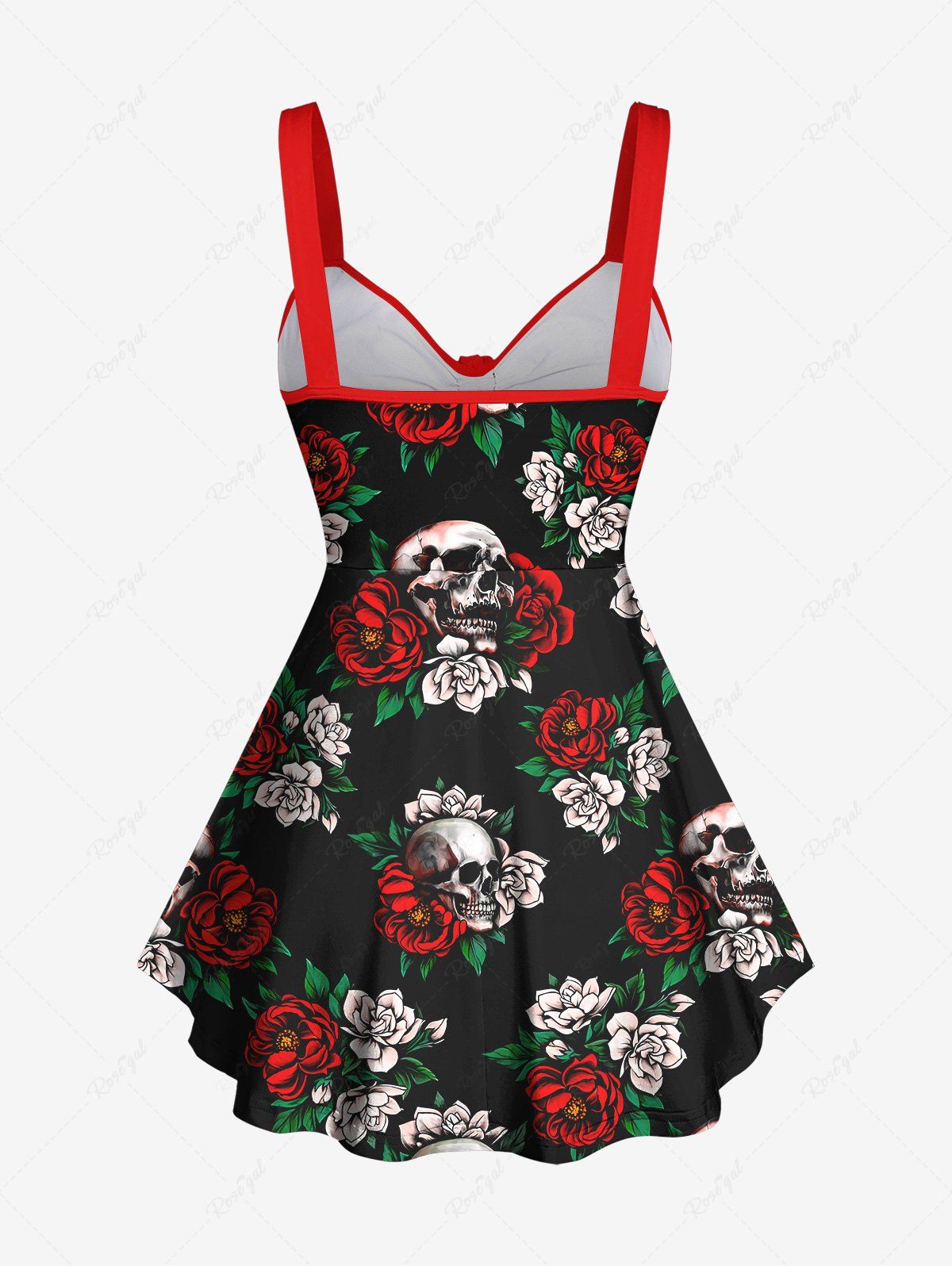 Gothic Plus Size Skulls Rose Flower Leaf Print Valentines Cinched Backless Tank Top