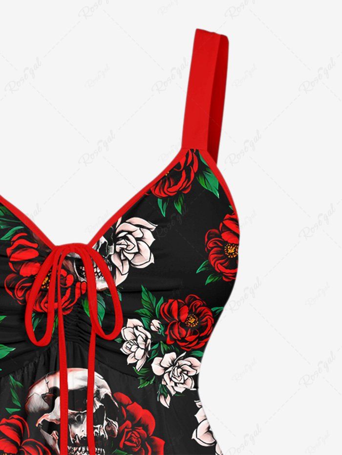 Gothic Plus Size Skulls Rose Flower Leaf Print Valentines Cinched Backless Tank Top