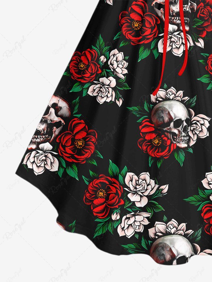 Gothic Plus Size Skulls Rose Flower Leaf Print Valentines Cinched Backless Tank Top