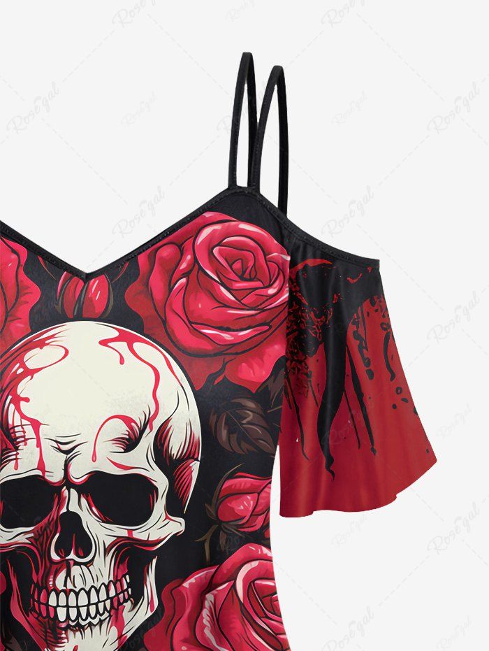 Gothic Plus Size Cold Shoulder Bloody Skulls Rose Flower Leaf Ink Painting Print Valentines Cami T-shirt