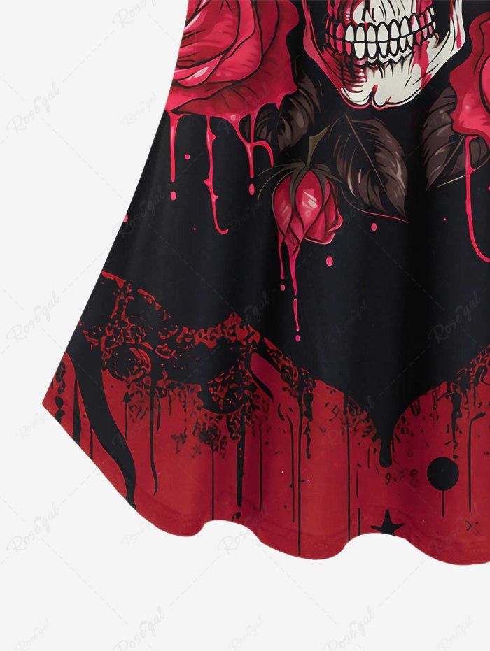 Gothic Plus Size Cold Shoulder Bloody Skulls Rose Flower Leaf Ink Painting Print Valentines Cami T-shirt