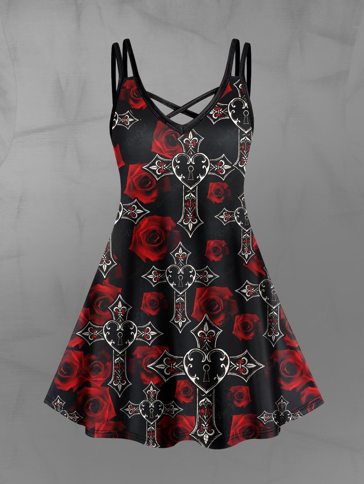 Gothic Plus Size Ombre Rose Flower Cross Heart Print Valentines Crisscross A Line Cami Dress