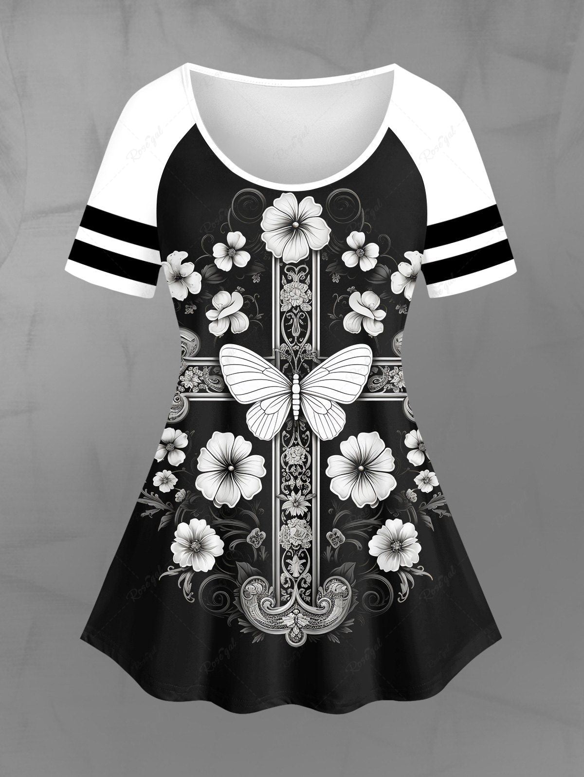 Gothic Plus Size Striped Raglan Sleeves Distressed Vintage Floral Butterfly Cross Branch Print T-shirt