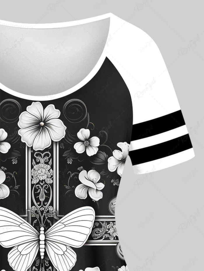 Gothic Plus Size Striped Raglan Sleeves Distressed Vintage Floral Butterfly Cross Branch Print T-shirt