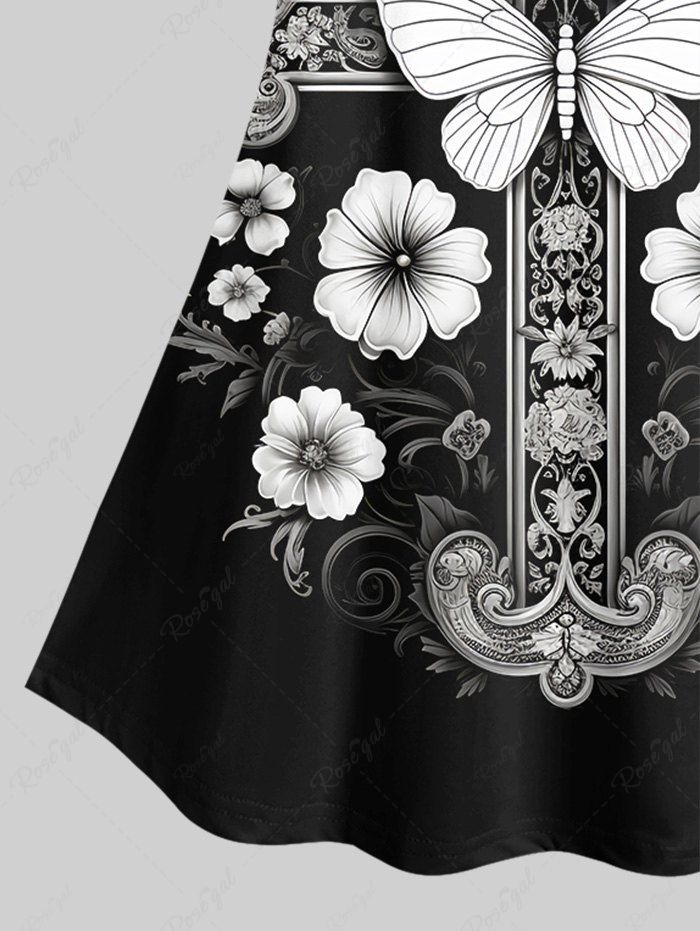 Gothic Plus Size Striped Raglan Sleeves Distressed Vintage Floral Butterfly Cross Branch Print T-shirt