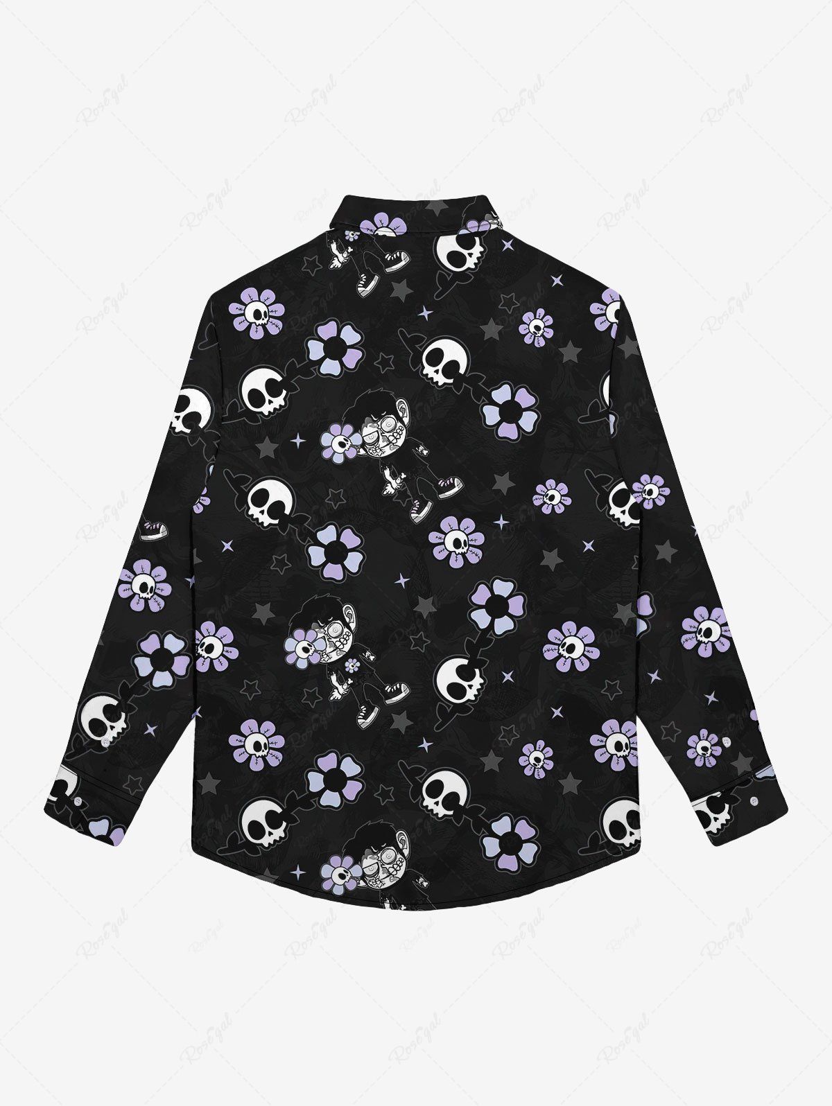 Gothic Plus Size Turn-down Collar Skull Sunflower Star Cartoon Boy Print Buttons Shirt For Men