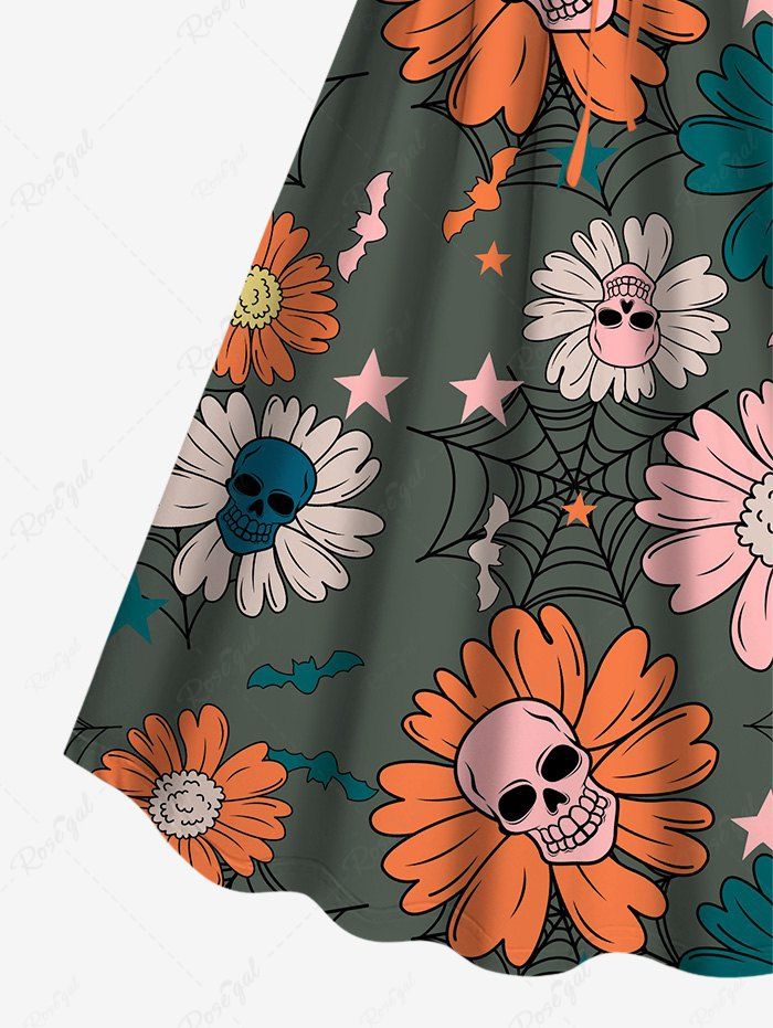 Gothic Plus Size Skulls Floral Spider Web Bat Stars Print Cinched A Line Dress