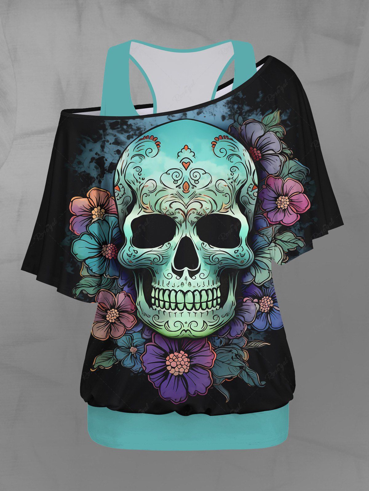 Gothic Plus Size Basic Solid Racerback Tank Top and Skew Neck Distressed Skull Flower Print Batwing Sleeves T-shirt Set