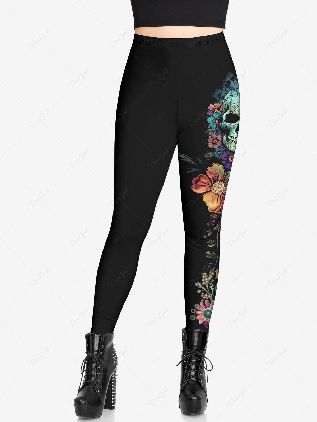 Gothic Plus Size Colorful Skull Sunflower Print Skinny Leggings