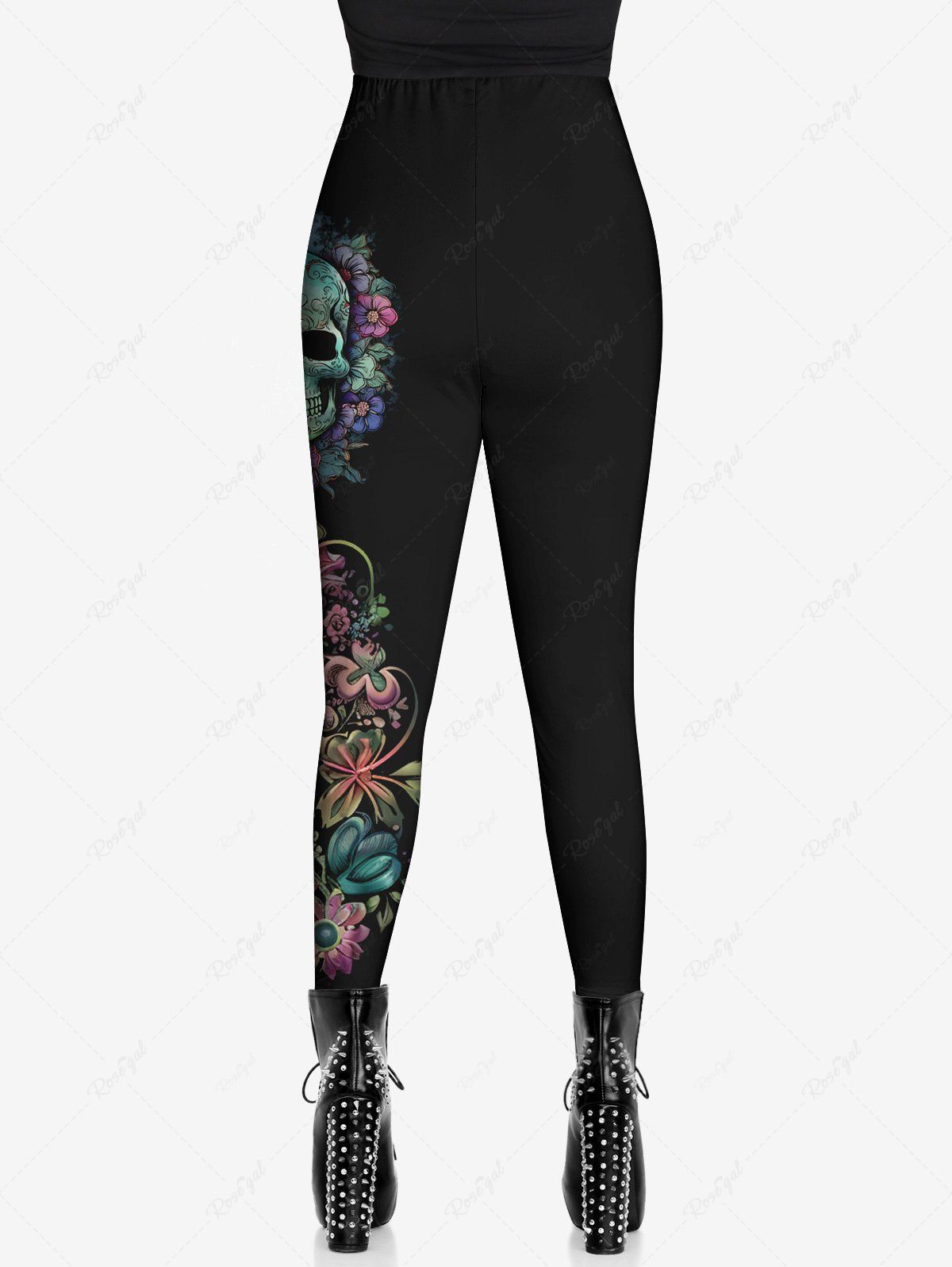 Gothic Plus Size Colorful Skull Sunflower Print Skinny Leggings