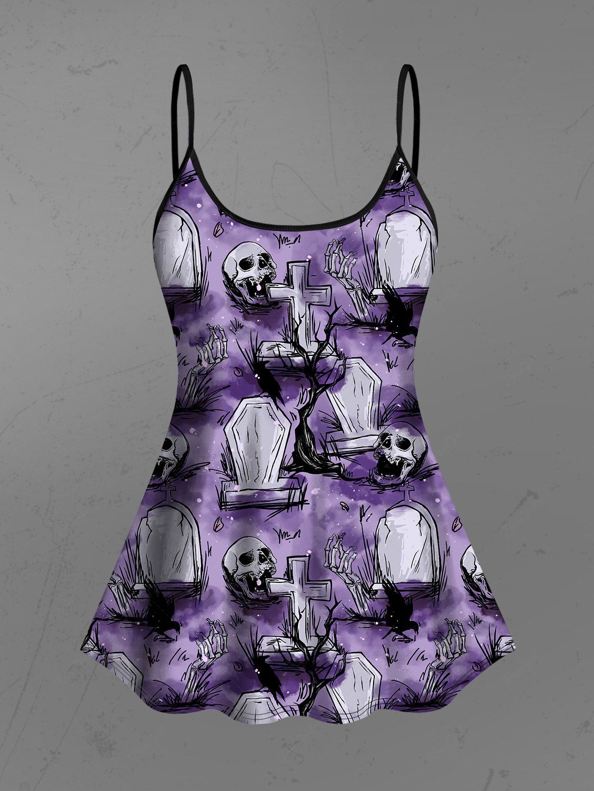 Gothic Plus Size Skull Skeleton Cross Tombstone Tie Dye Tree Branch Print Backless Tankini Top(Adjustable Shoulder Strap)