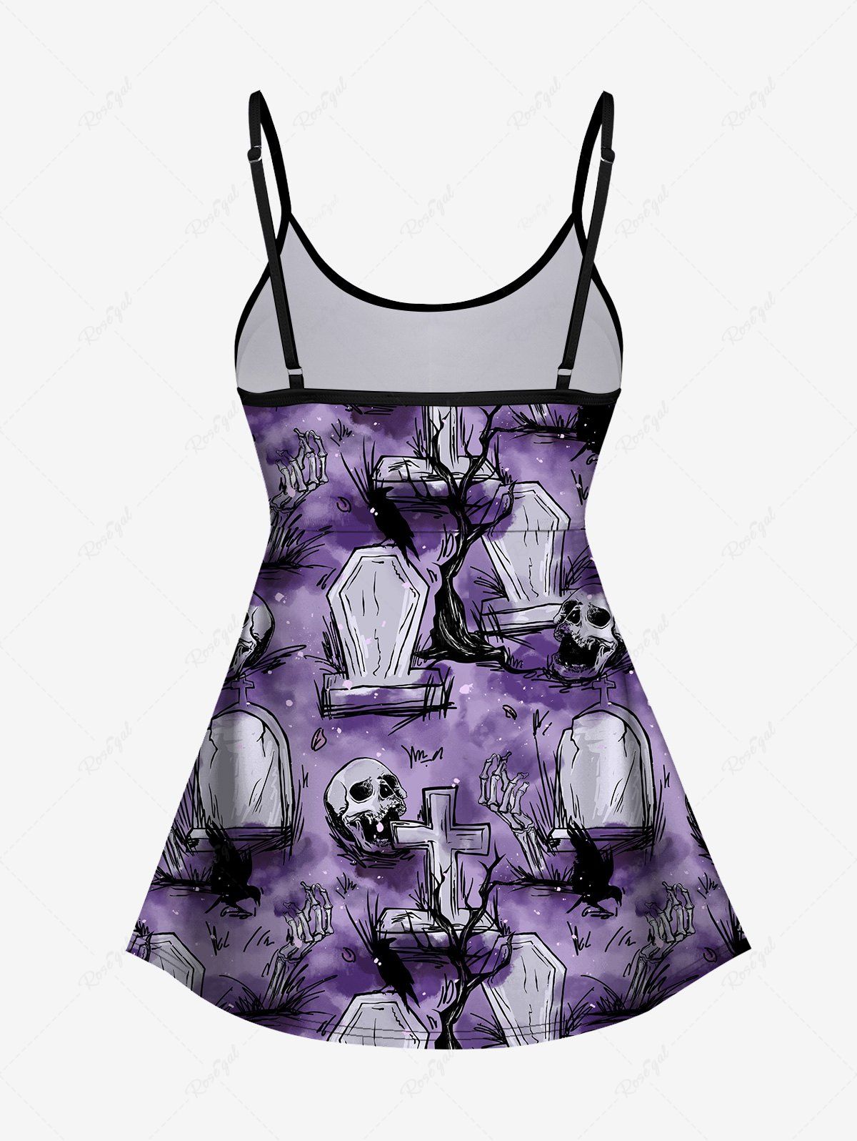 Gothic Plus Size Skull Skeleton Cross Tombstone Tie Dye Tree Branch Print Backless Tankini Top(Adjustable Shoulder Strap)