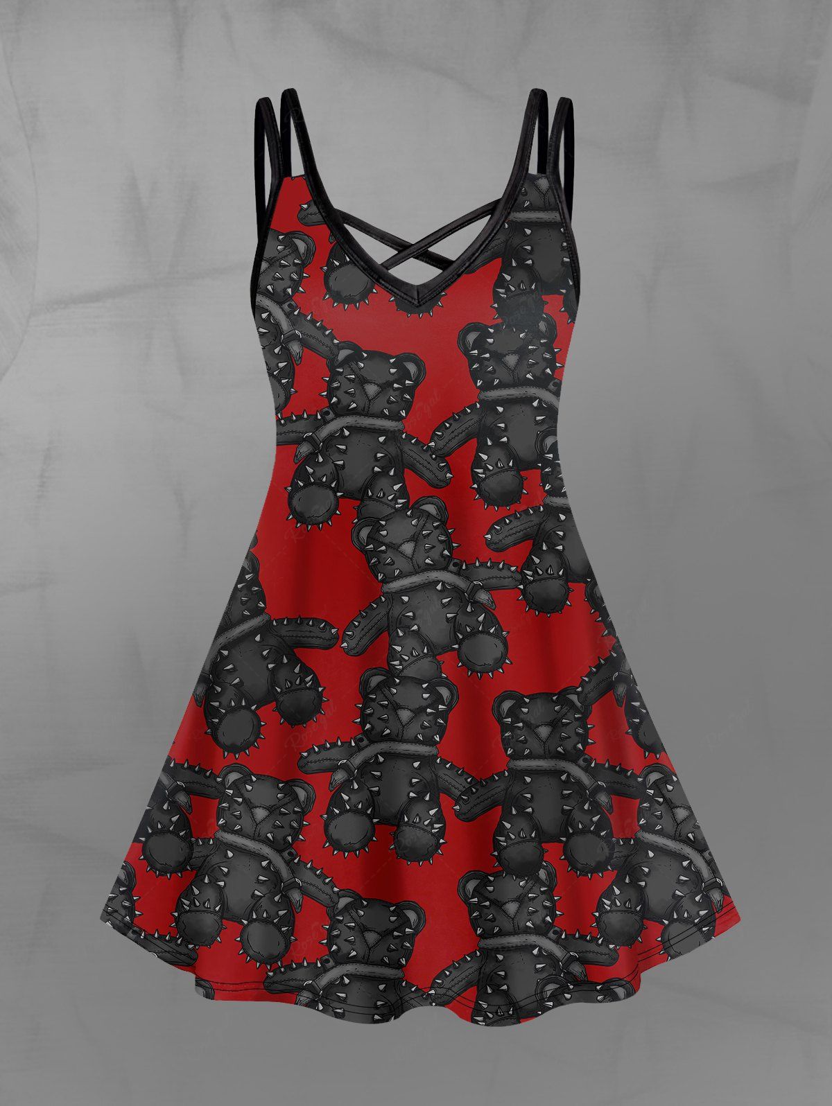 Gothic Plus Size Rivet Bear 3D Print Crisscross Cami Dress