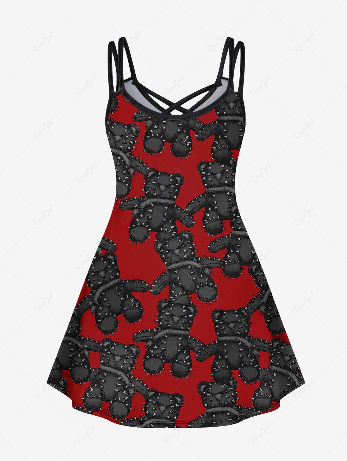 Gothic Plus Size Rivet Bear 3D Print Crisscross Cami Dress