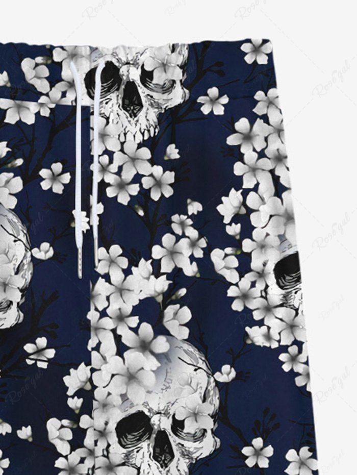 Gothic Skulls Flowers Print Drawstring Wide Leg Sweatpants For Men