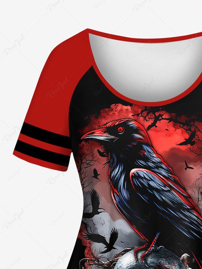 Gothic Plus Size Eagle Tree Fire Skull Flower Blood Print Raglan Sleeve T-shirt