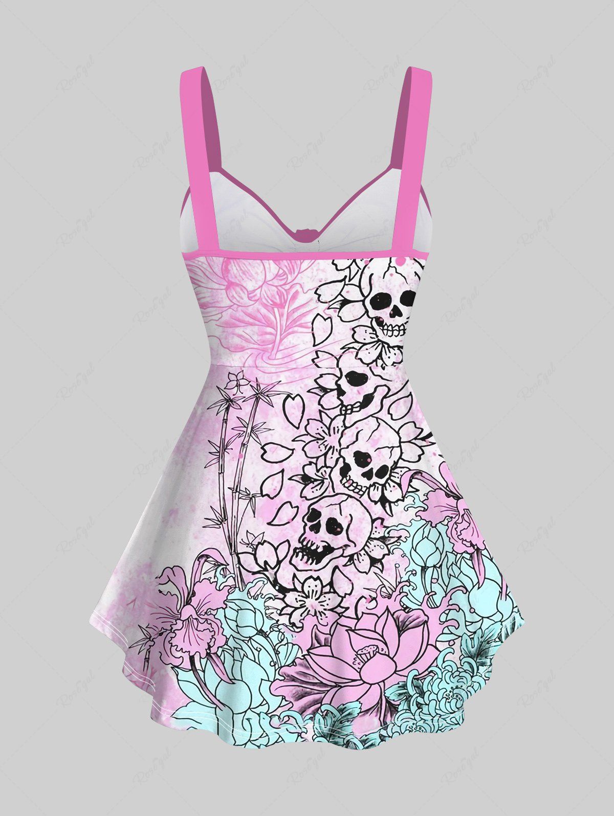 Gothic Plus Size Skulls Lotus Flower Colorblock Print Cinched Backless Tank Top