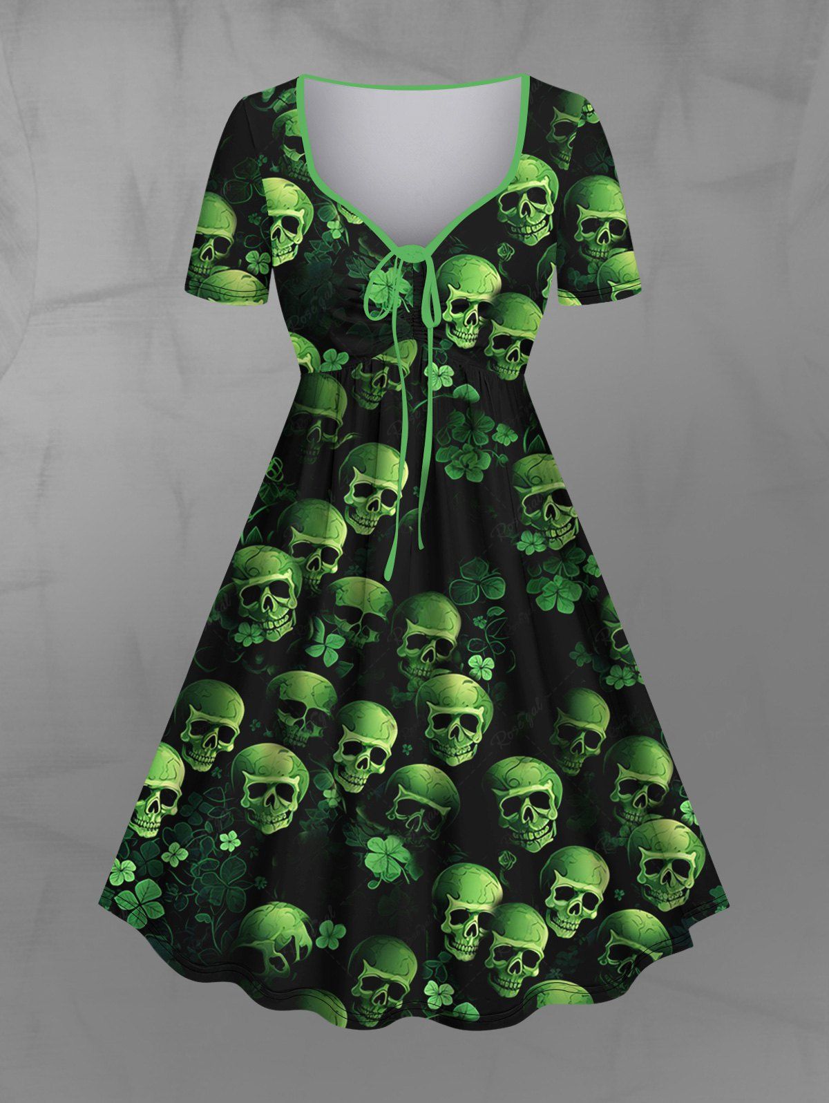 Gothic Plus Size Lucky Ombre Four Leaf Clover Skulls Print Cinched A Line Dress