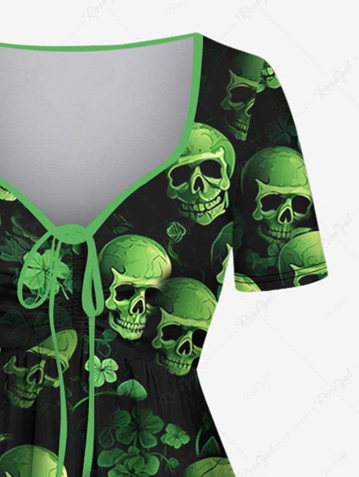 Gothic Plus Size Lucky Ombre Four Leaf Clover Skulls Print Cinched A Line Dress