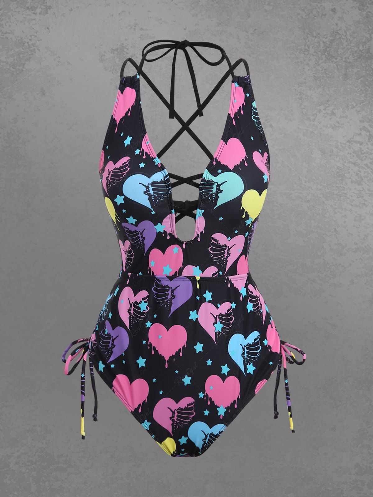 Gothic Bloody Skeleton Heart Stars Printed Cinched Crisscross Strappy Backless Hollow Out Halter Swimsuit