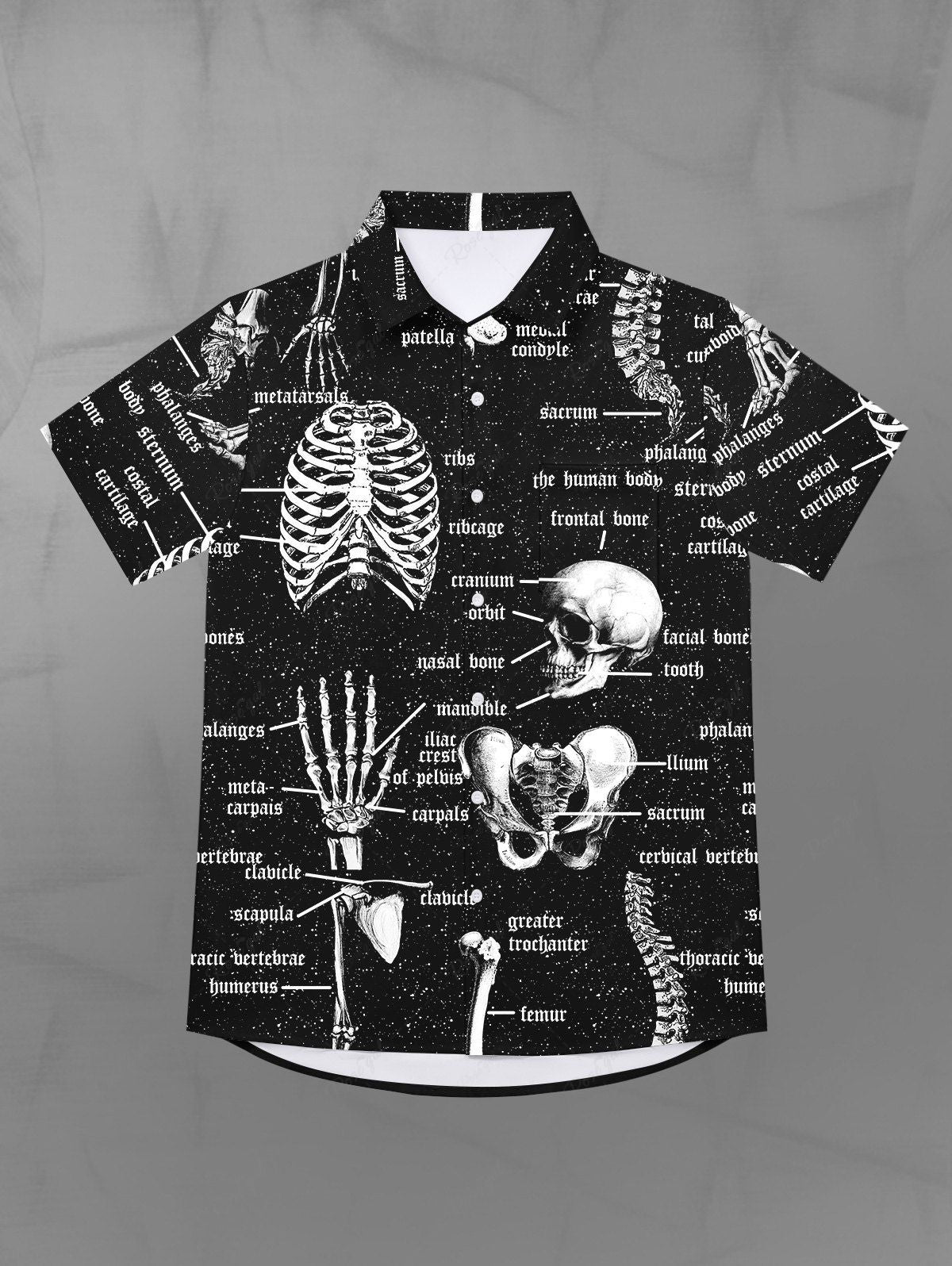 Gothic Plus Size Turn-down Collar Skull Skeleton Structure Galaxy Letters Print Buttons Pocket Shirt For Men