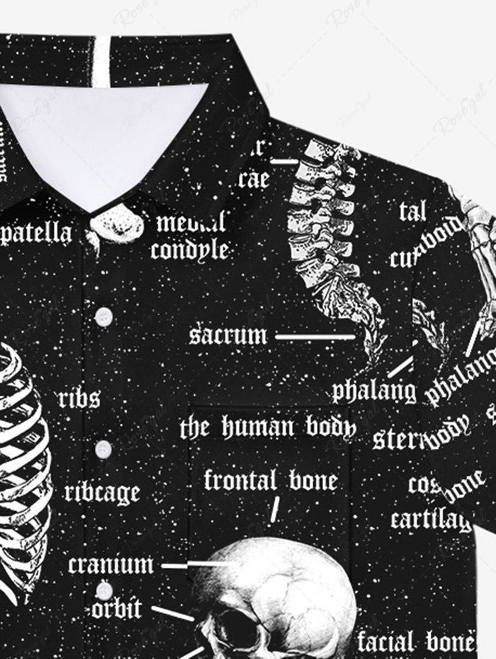 Gothic Plus Size Turn-down Collar Skull Skeleton Structure Galaxy Letters Print Buttons Pocket Shirt For Men