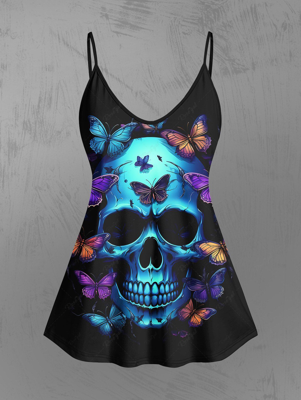 Gothic Plus Size 3D Skull Colorful Butterfly Print Cami Top(Adjustable Shoulder Strap)