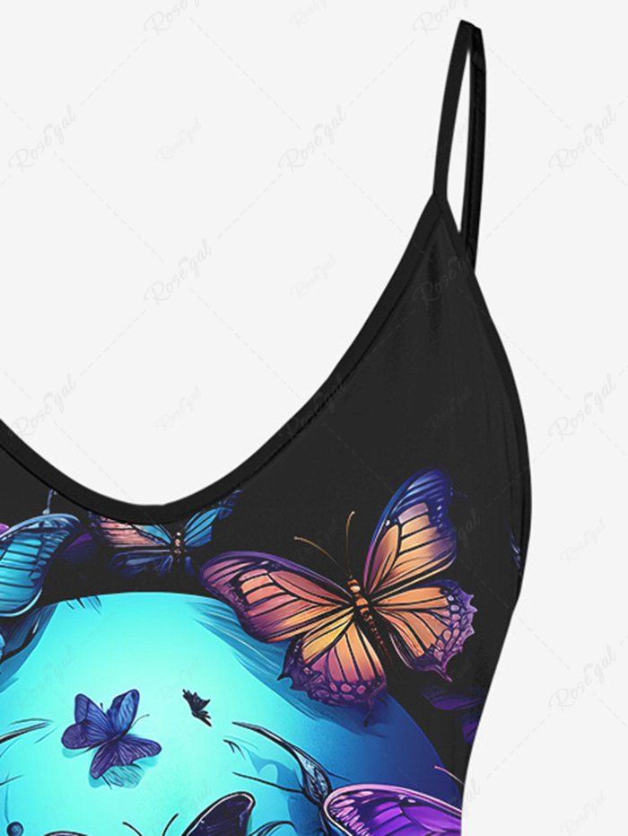 Gothic Plus Size 3D Skull Colorful Butterfly Print Cami Top(Adjustable Shoulder Strap)