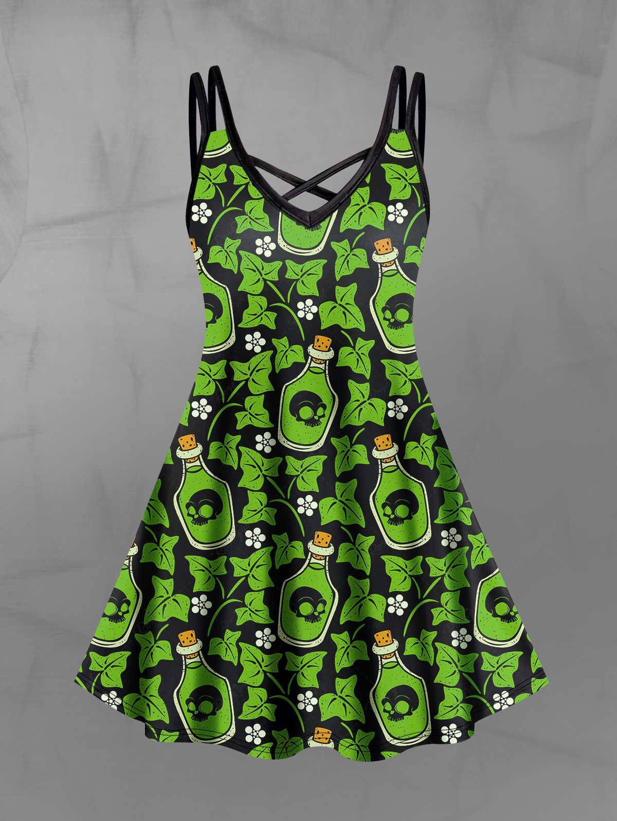 Gothic Plus Size Skulls Bottle Leaf Flower Print Crisscross A Line Cami Dress