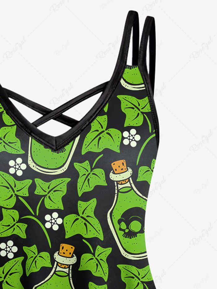 Gothic Skulls Bottle Leaf Flower Print Crisscross A Line Cami Dress