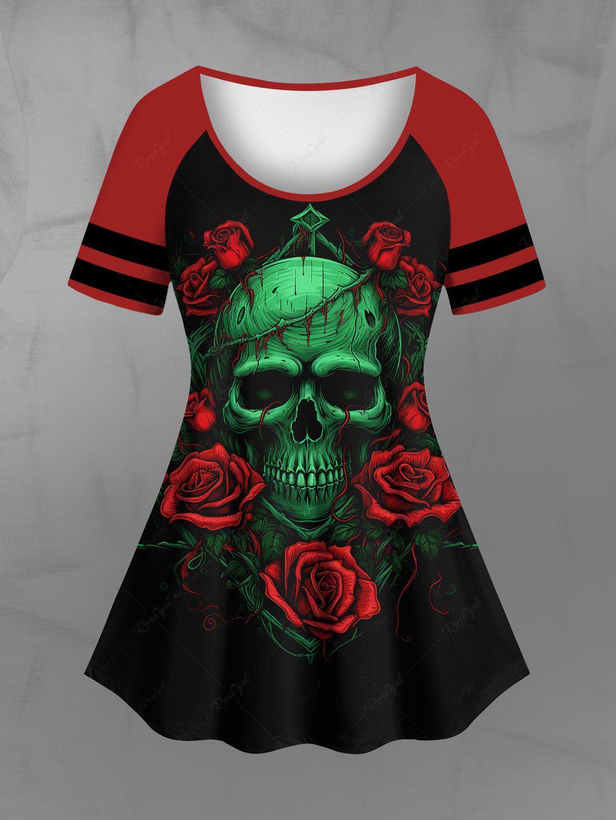 Gothic Plus Size 3D Skull Rose Flower Branch Print Striped Raglan Sleeves T-shirt