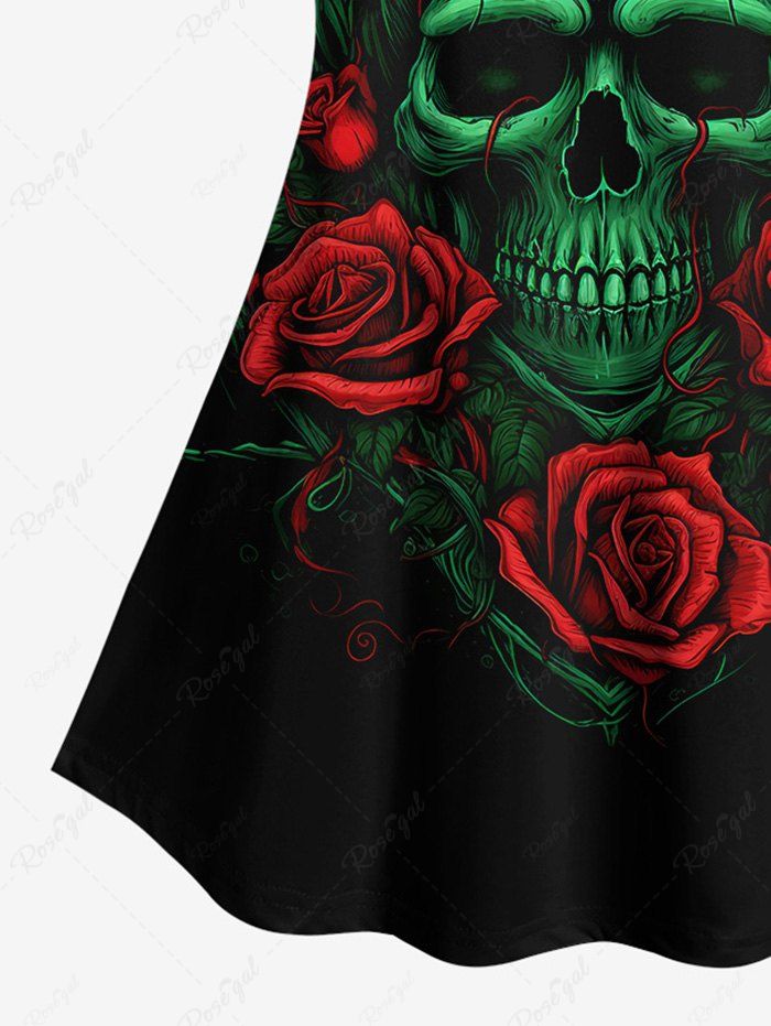 Gothic Plus Size 3D Skull Rose Flower Branch Print Striped Raglan Sleeves T-shirt