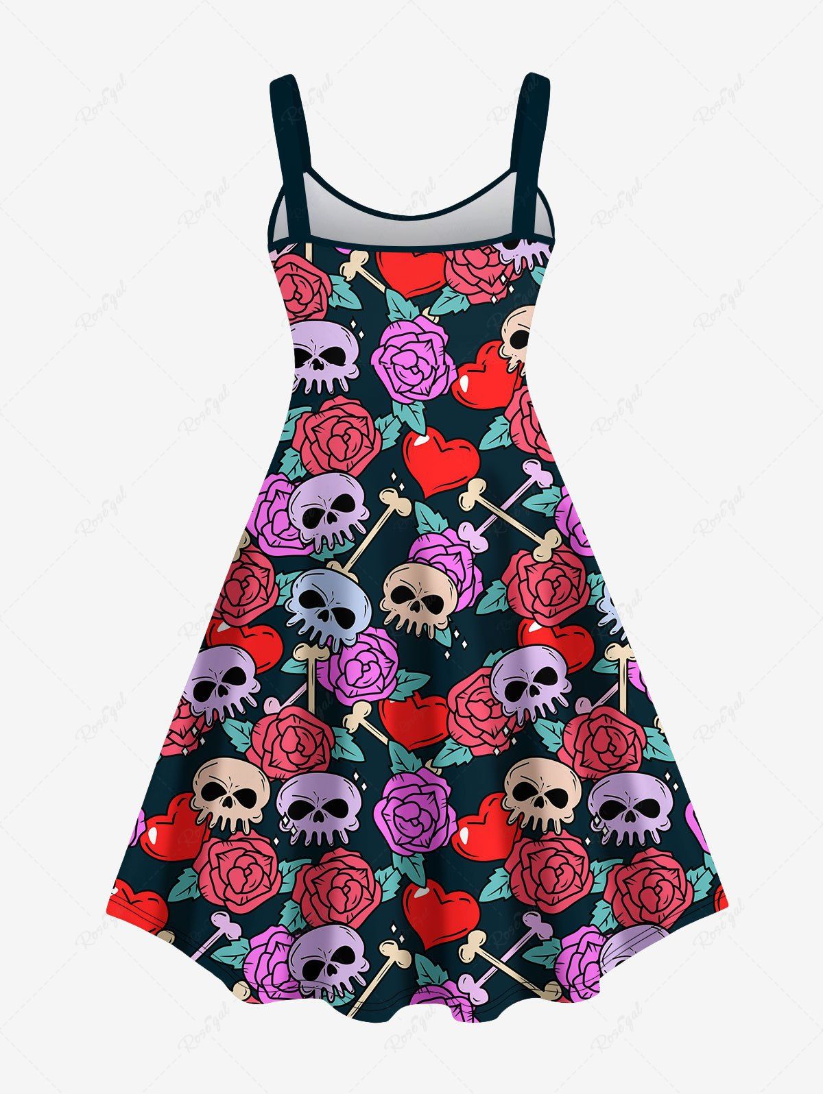 Gothic Plus Size Skull Heart Rose Flower Bone Print Backless A Line Tank Dress