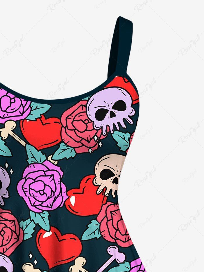 Gothic Plus Size Skull Heart Rose Flower Bone Print Backless A Line Tank Dress