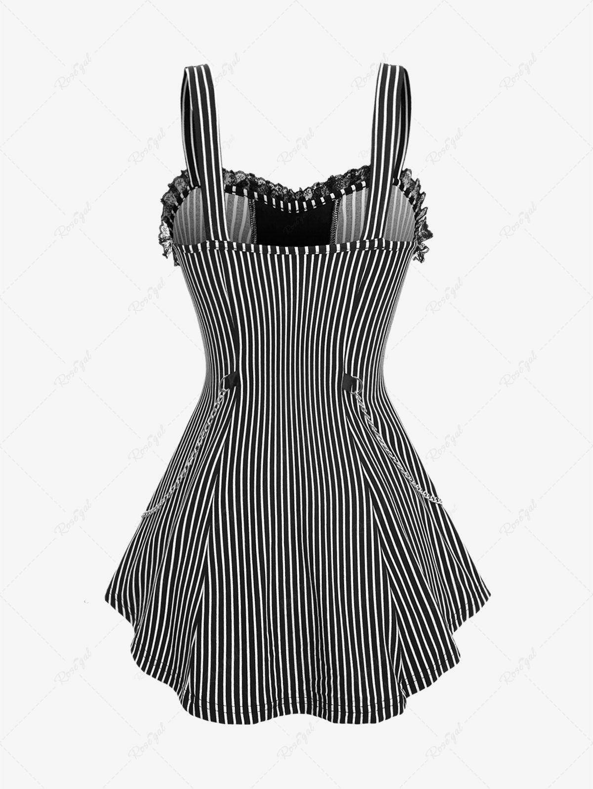 Gothic Plus Size Striped Lace Up Chain Lace-trim Backless Ruffles Tank Top