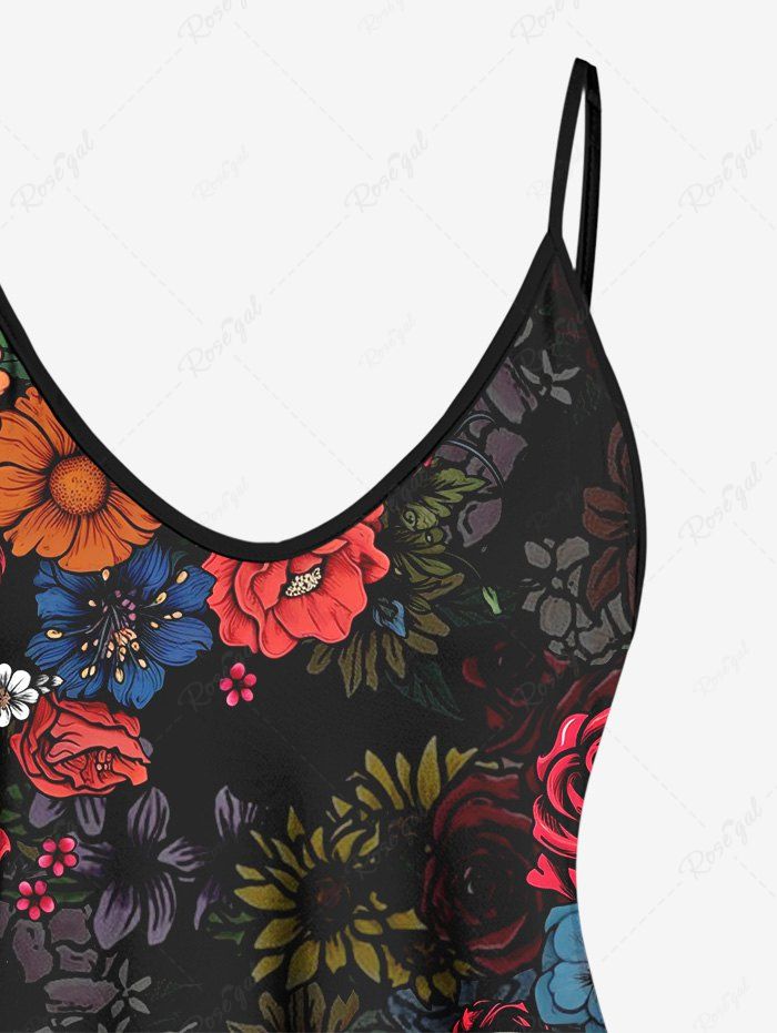 Gothic Plus Size Skull Ombre Colorful Flower Print Cami Top(Adjustable Shoulder Strap)