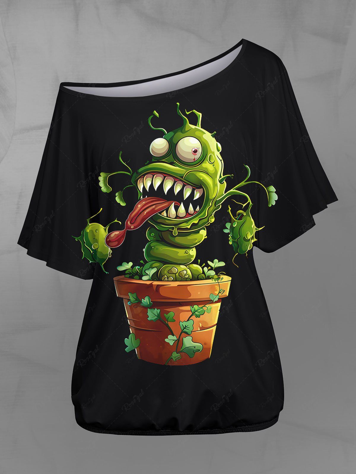 Gothic Plus Size Skew Neck Batwing Sleeves Monster Plant Flowerpot Print T-shirt