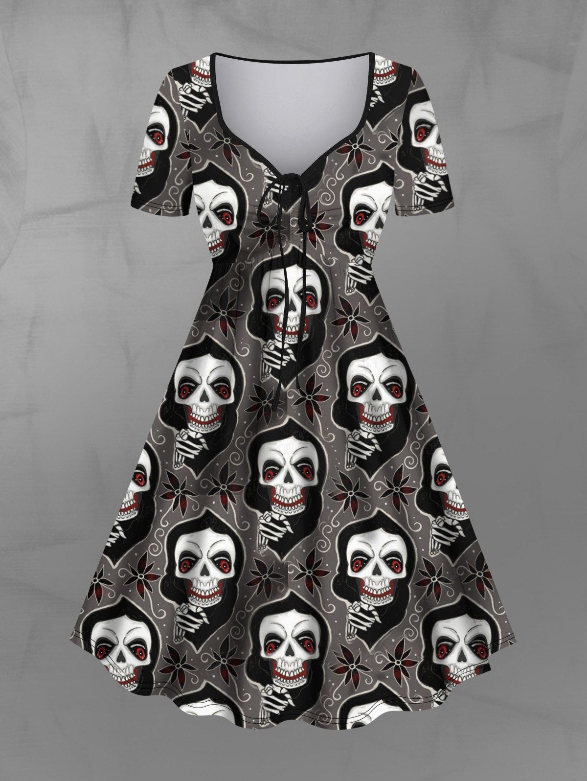 Gothic Plus Size Skulls Ghost Vintage Floral Print Cinched A Line Dress