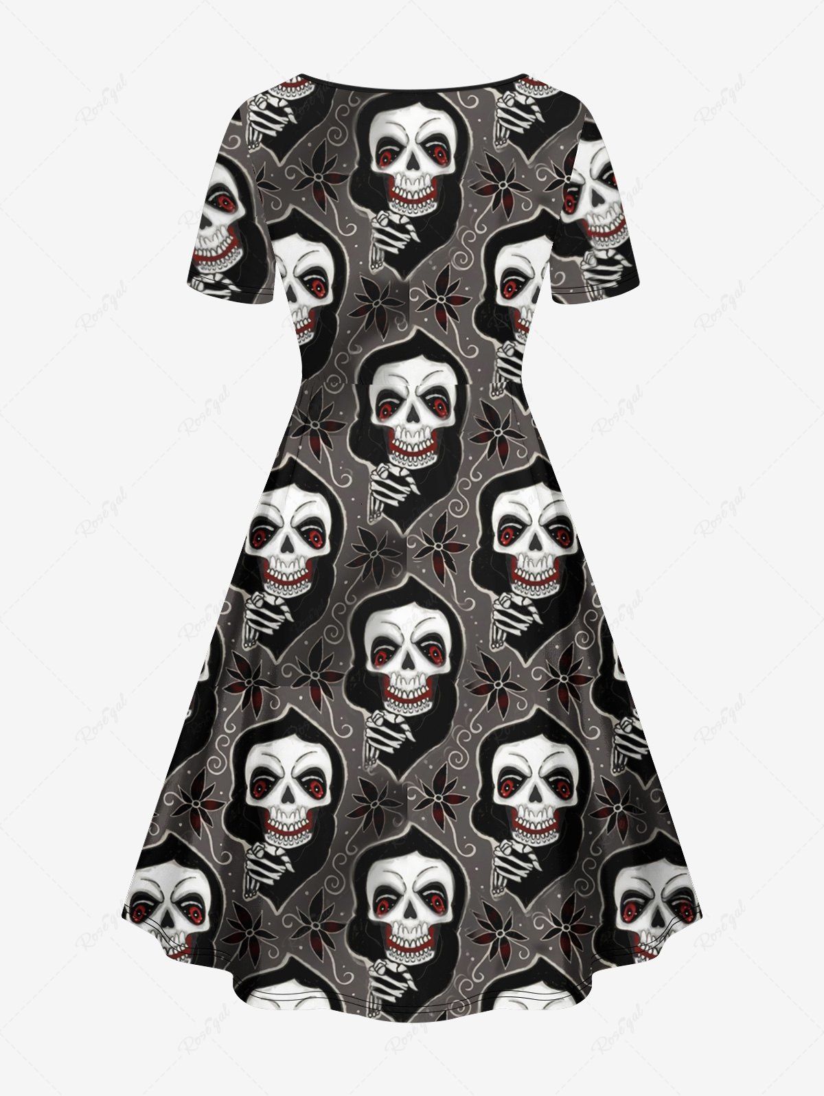 Gothic Plus Size Skulls Ghost Vintage Floral Print Cinched A Line Dress