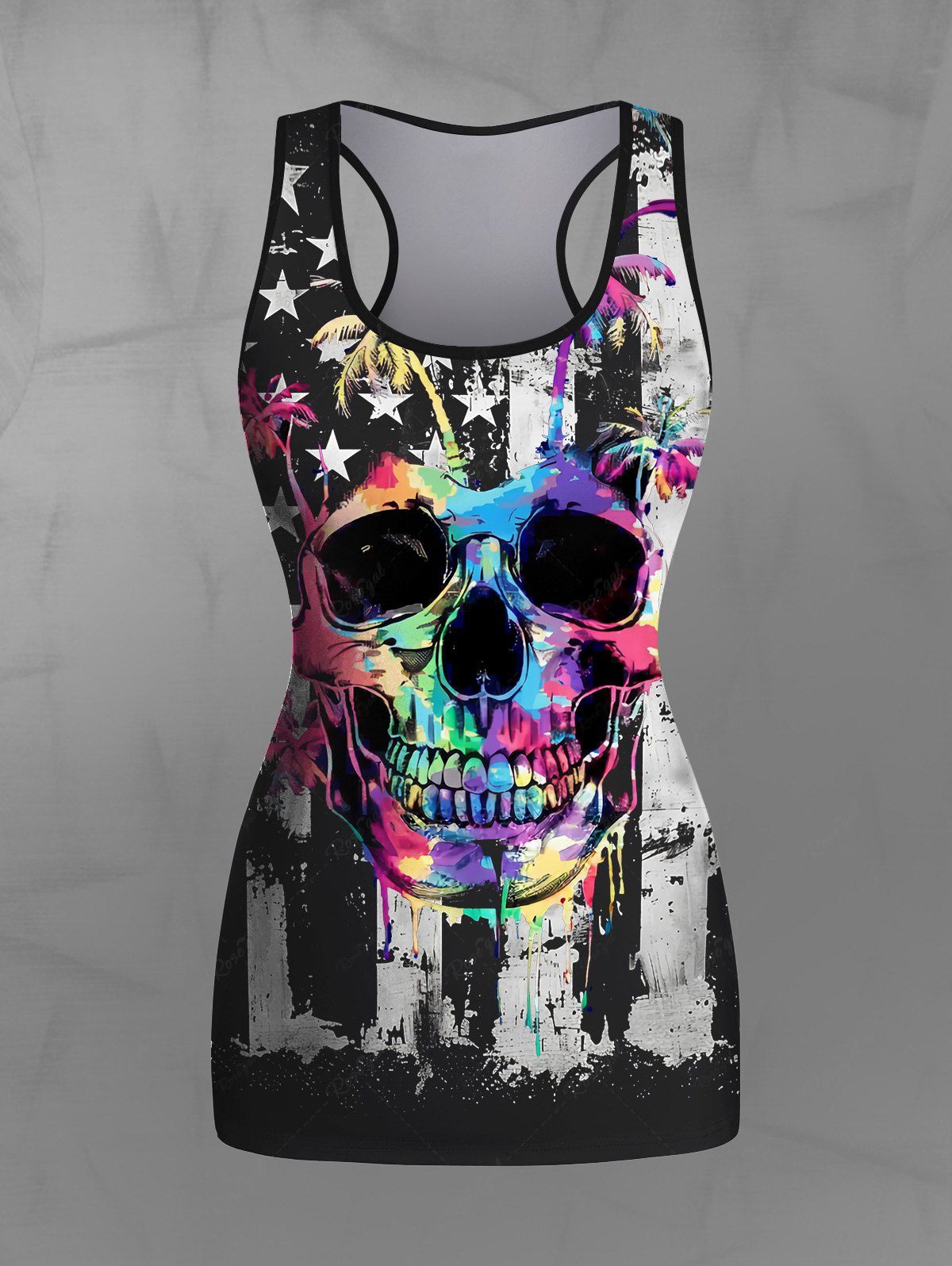 Gothic Plus Size Colorful Skull Coconut Tree Ink Painting Distressed Striped Stars Print Racerback Tank Top