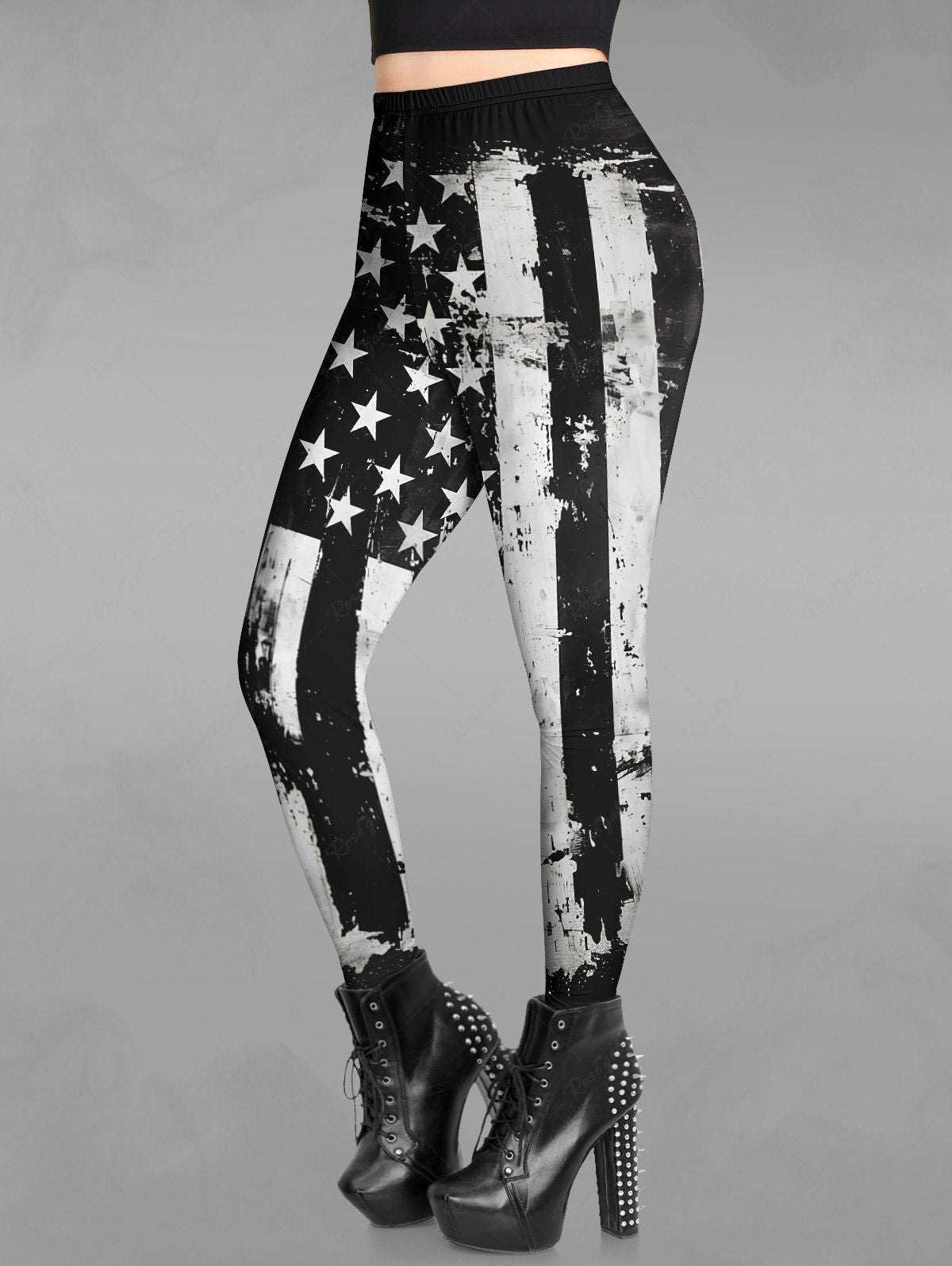 Gothic Ink Painting Striped Star Patriotic American Flag Print Skinny Leggings