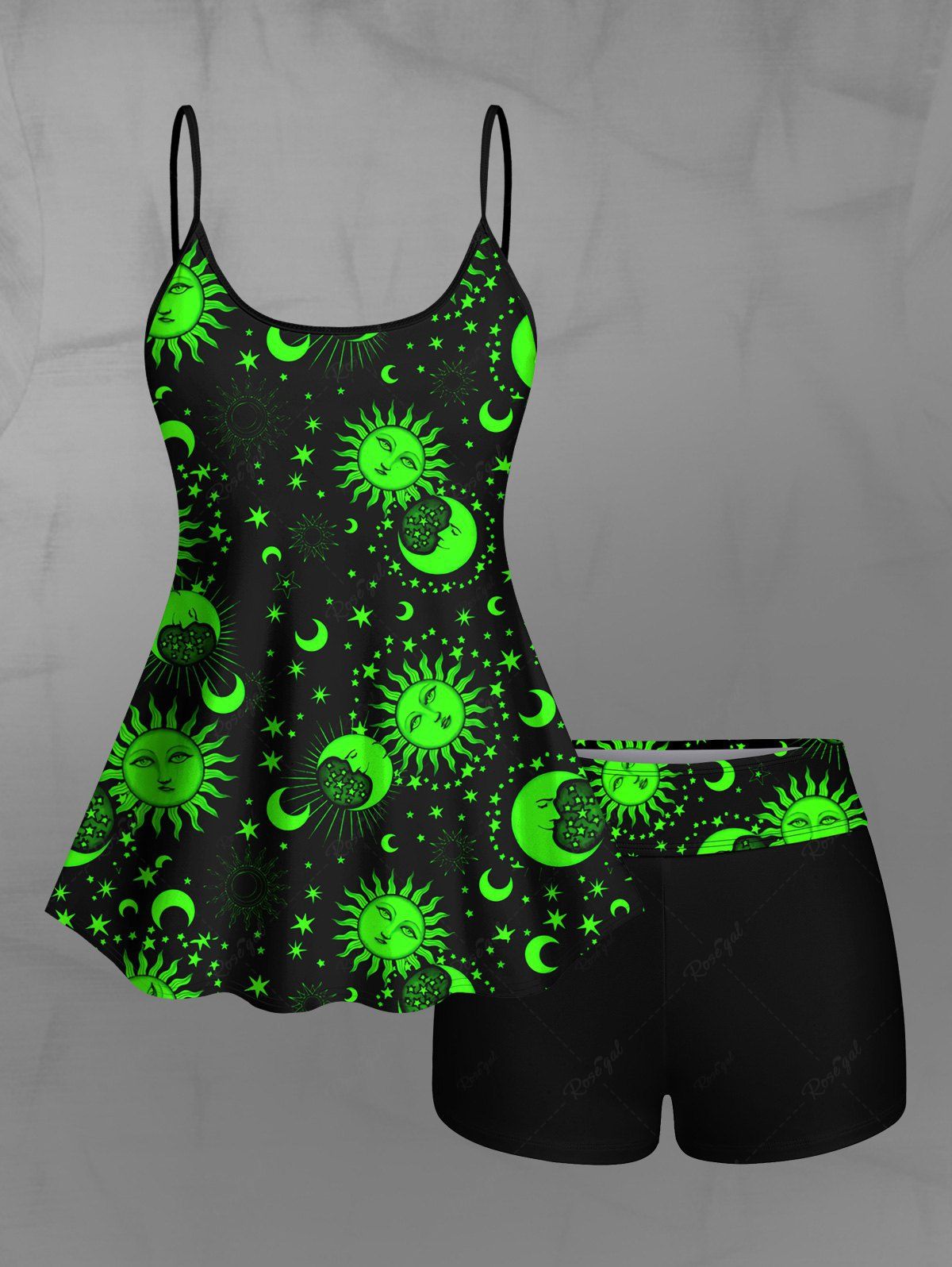 Gothic Neon Color Sun Moon Stars Face Print Backless Boyleg Tankini Swimsuit (Adjustable Shoulder Strap)