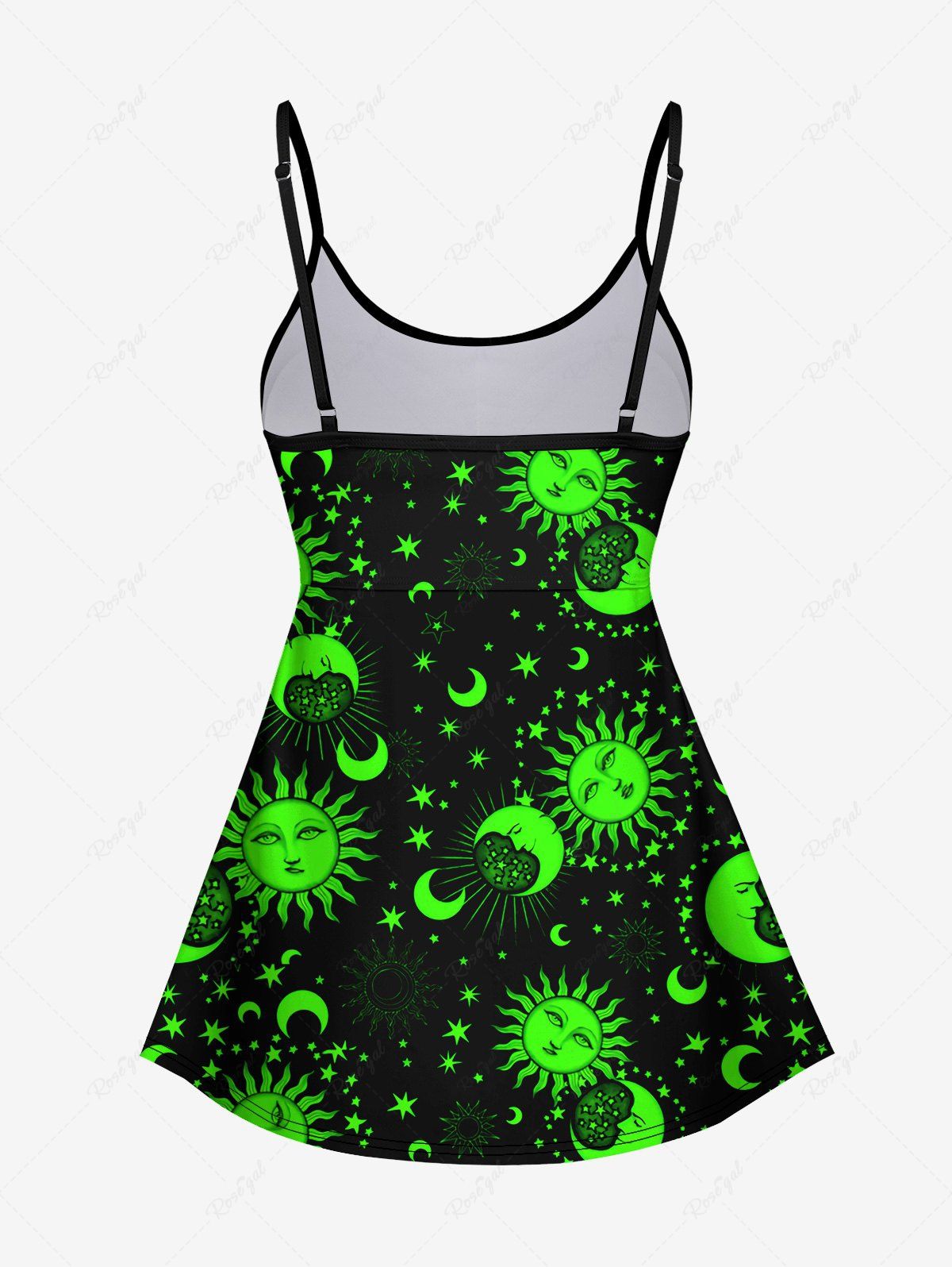 Gothic Neon Color Sun Moon Stars Face Print Backless Boyleg Tankini Swimsuit (Adjustable Shoulder Strap)