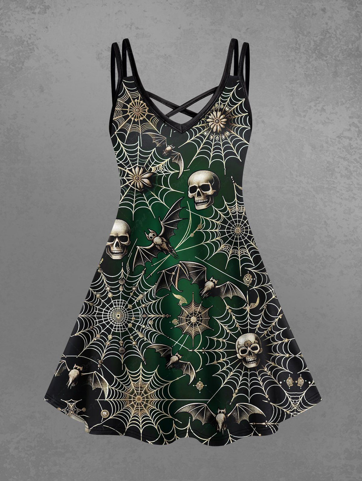 Gothic Plus Size Skulls Bat Spider Web Print Crisscross Ombre A Line Cami Dress