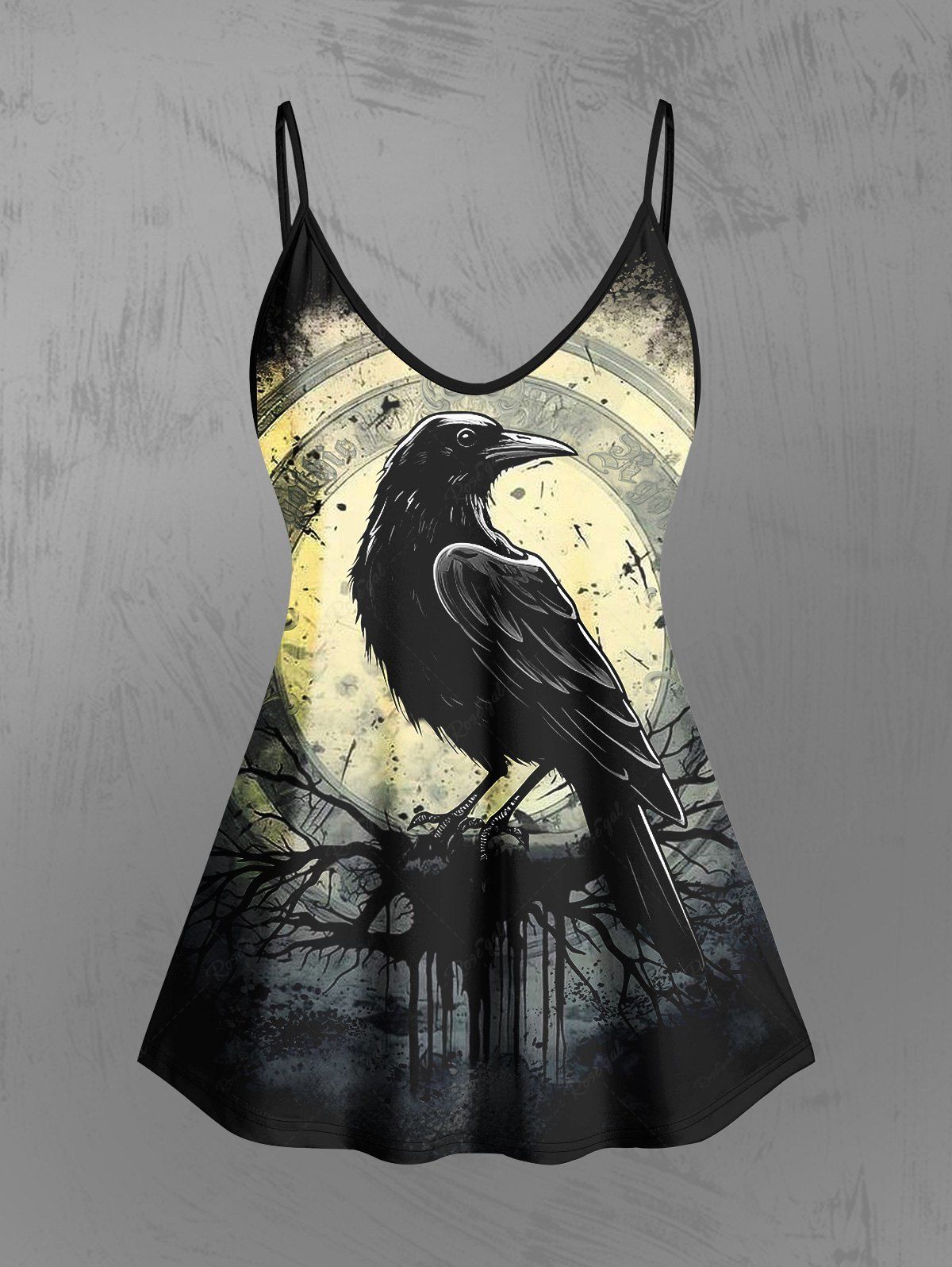 Gothic Plus Size Mirror Compass Eagle Tree Ink Painting Print Backless Cami Top(Adjustable Shoulder Strap)